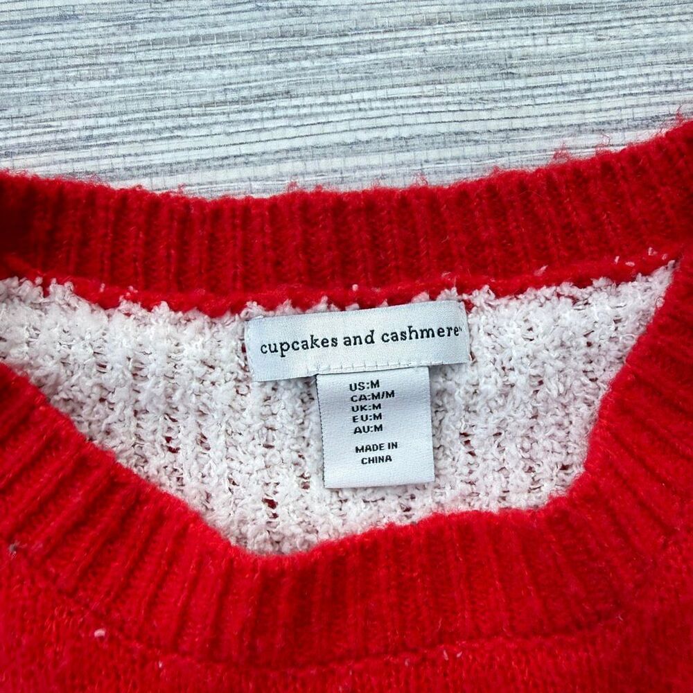 Cupcakes & Cashmere Red Sherpa Heart Crewneck Knit Sweater Size Medium - Picture 2 of 6